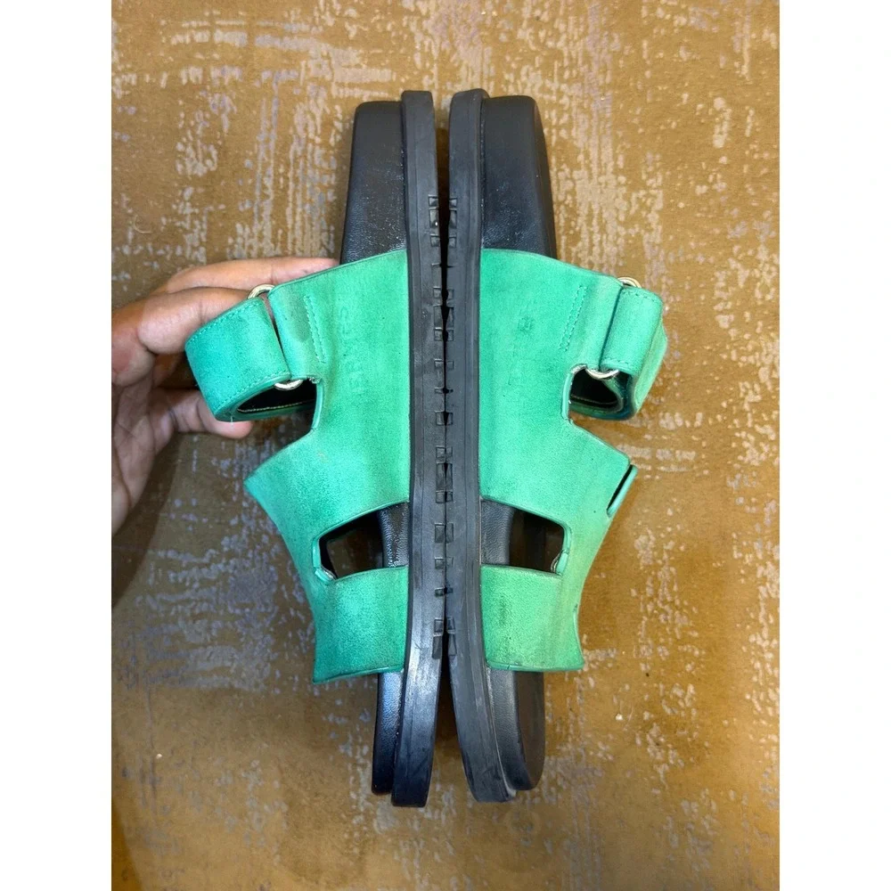Hermes Chypre Sandals Green Suede Leather H Strap Slides Made in Italy